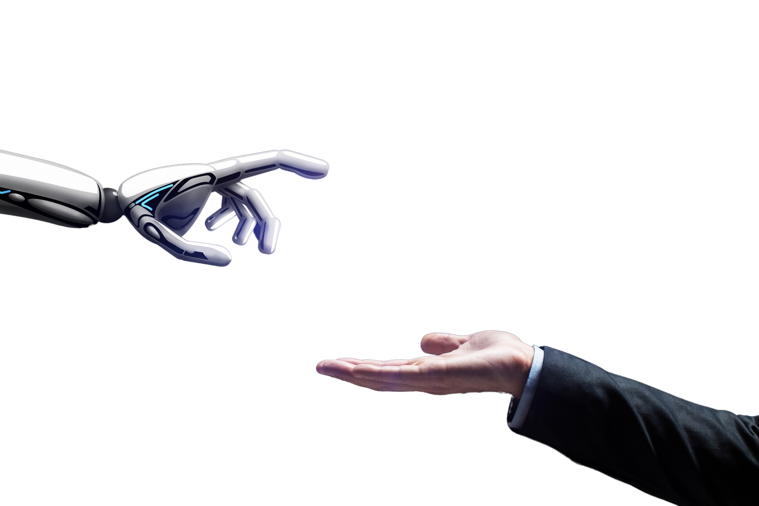 Robot and Human Hand Flash Light over Black